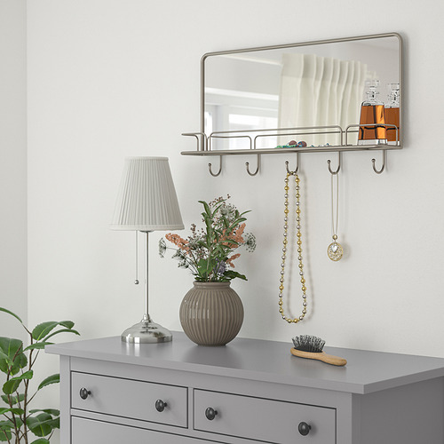 SYNNERBY mirror with shelf and hooks, 71x38 cm, grey