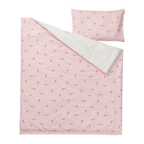 DRÖMSLOTT duvet cover 1 pillowcase for cot, puppy pattern/pink