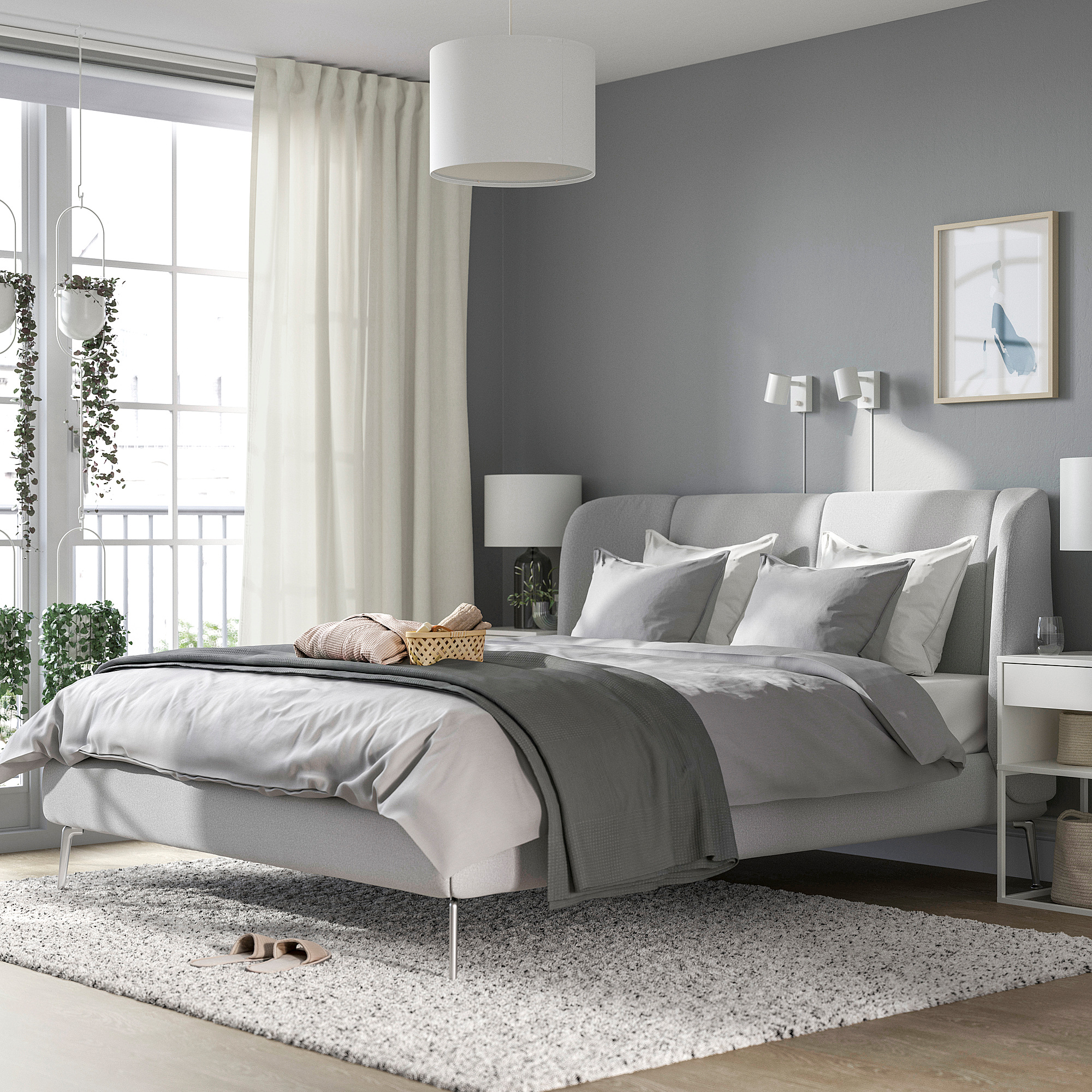 TUFJORD - upholstered bed frame, Tallmyra white/black/Lönset