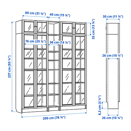 BILLY/OXBERG bookcase w glass doors/ext unit