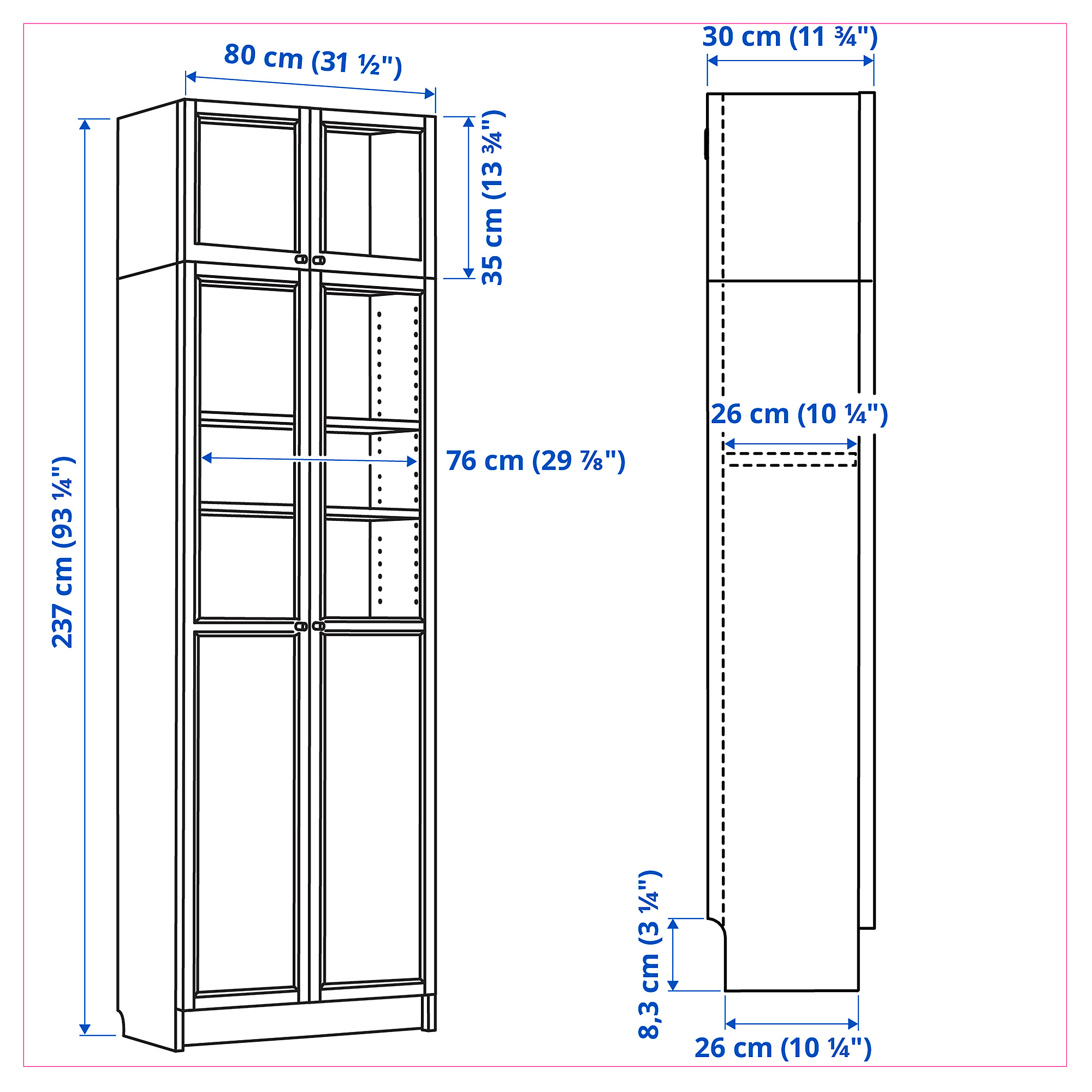 BILLY/OXBERG bookcase w hght ext ut/pnl/glss drs