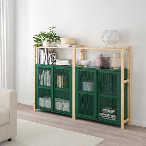 IVAR 2 sections/shelves/cabinets, 175x30x124 cm, pine/green mesh