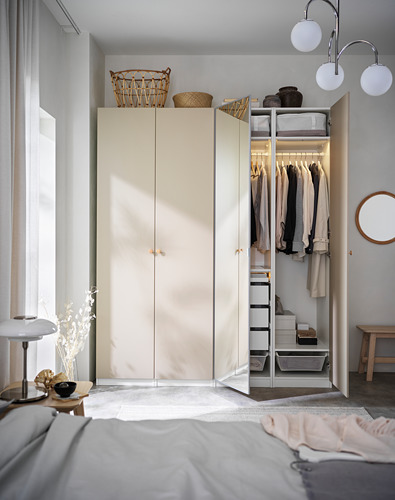PAX/REINSVOLL/ÅHEIM wardrobe combination, white/grey-beige mirror glass, 200x60x236 cm