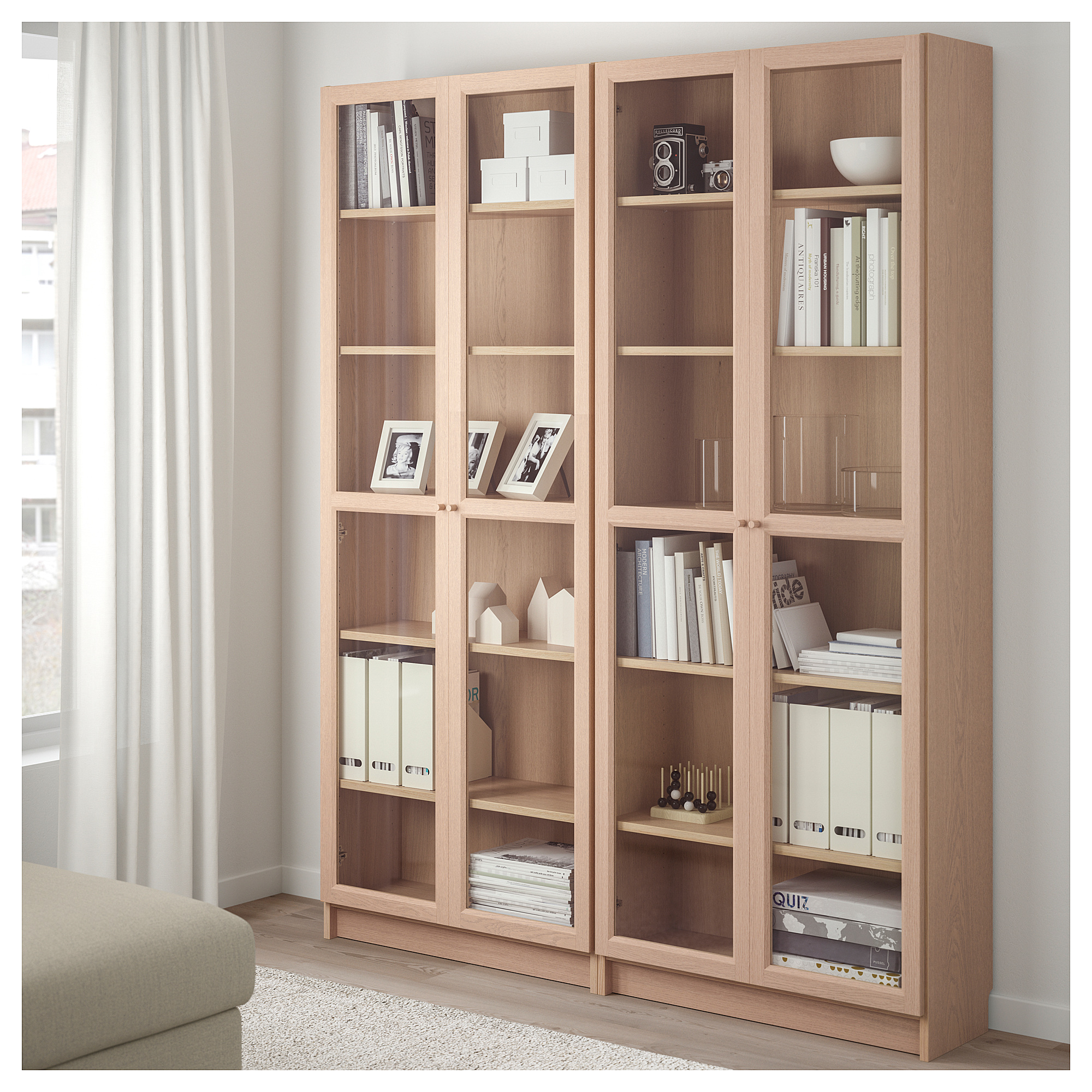 BILLY/OXBERG bookcase combination/glass doors, white stained oak veneer/glass IKEA Hong Kong