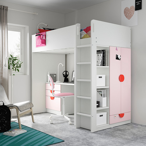 SMÅSTAD loft bed, white pale pink/with desk with 4 drawers/ shelves