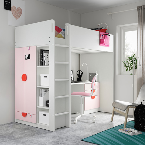 SMÅSTAD loft bed, white pale pink/with desk with 4 drawers/ shelves