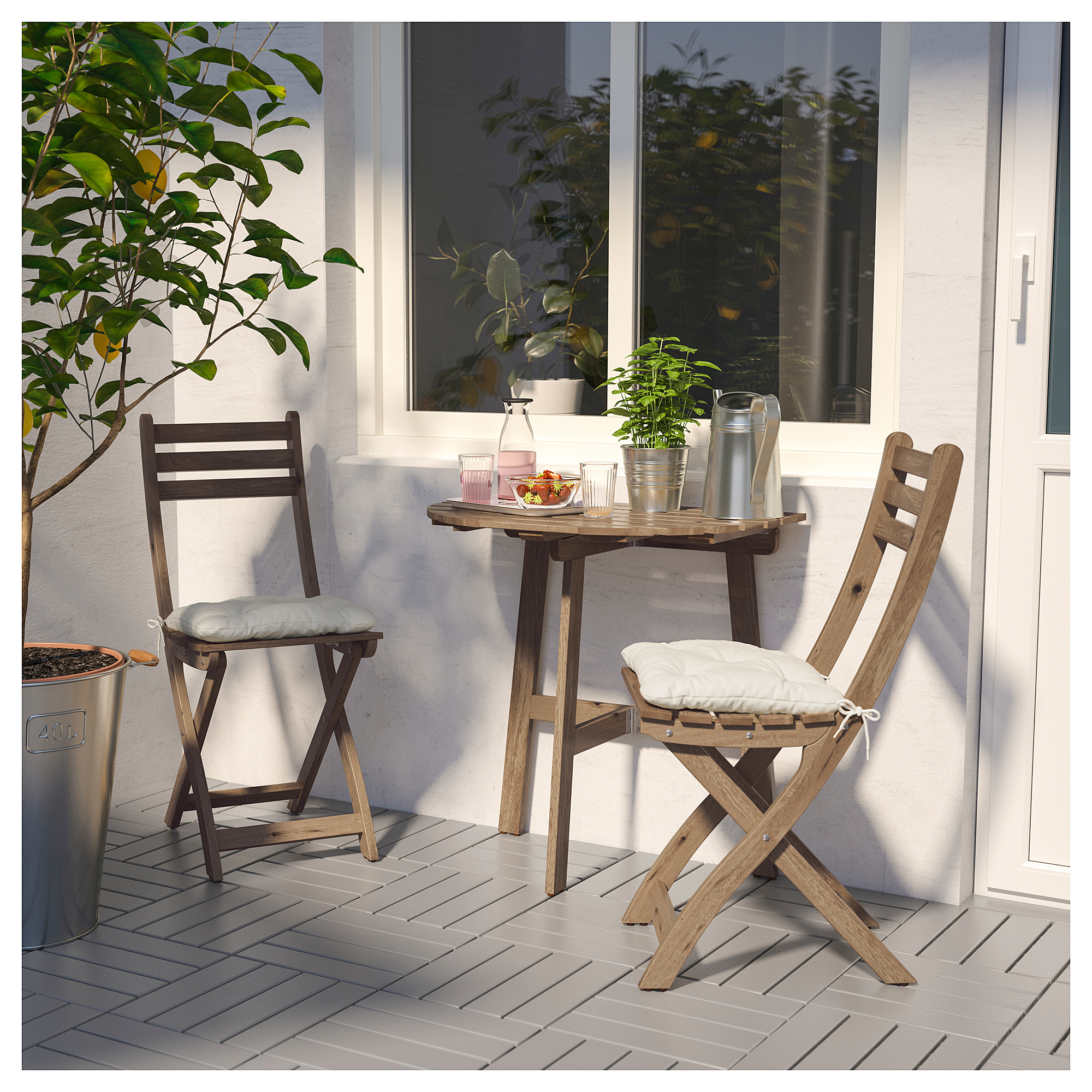 ASKHOLMEN table f wall+2 fold chairs, outdoor, greybrown stained IKEA Hong Kong and Macau
