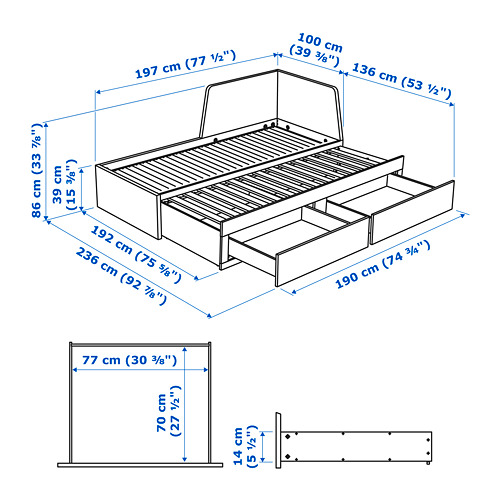 FLEKKE day-bed frame with 2 drawers