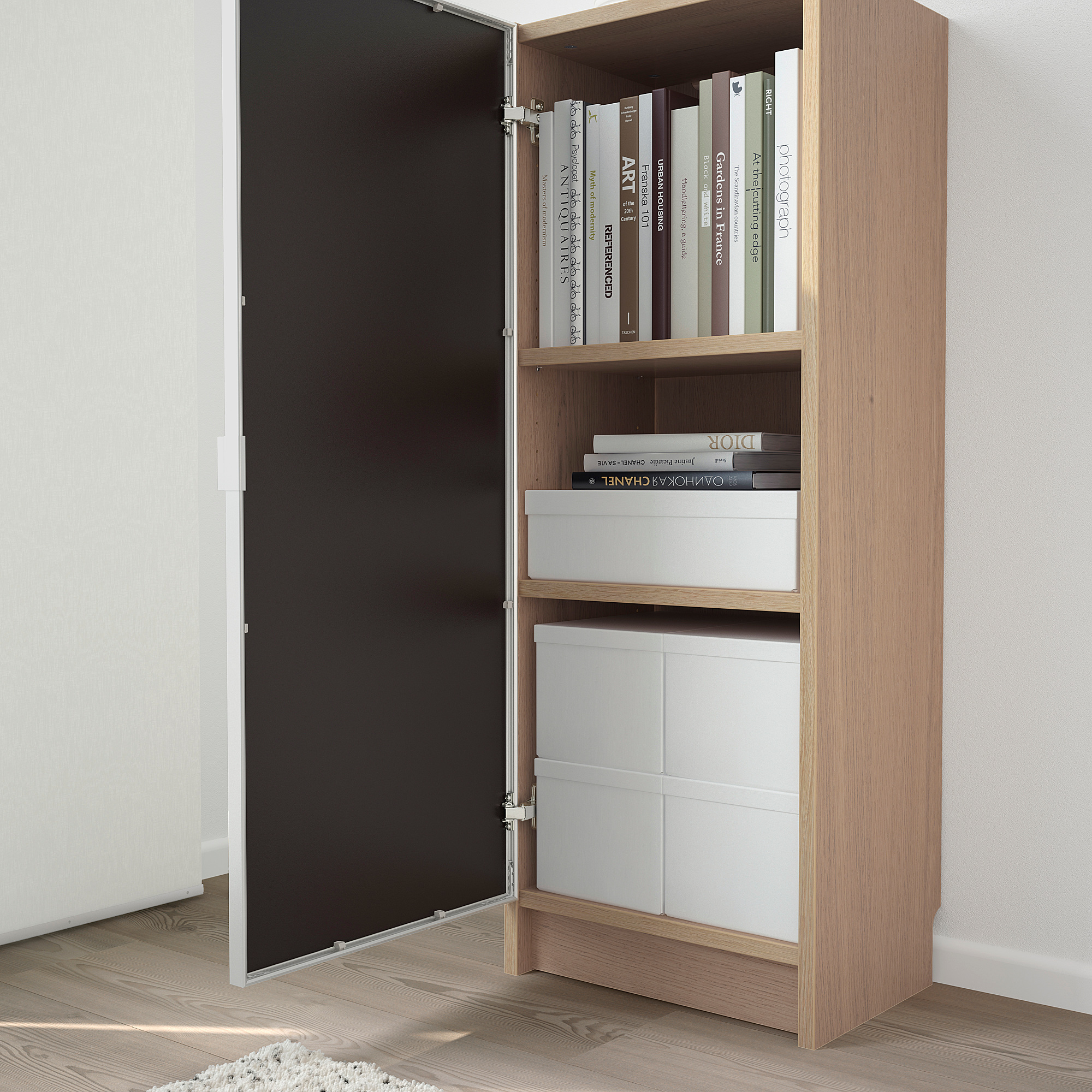 BILLY/MORLIDEN bookcase with glass door, white stained oak veneer