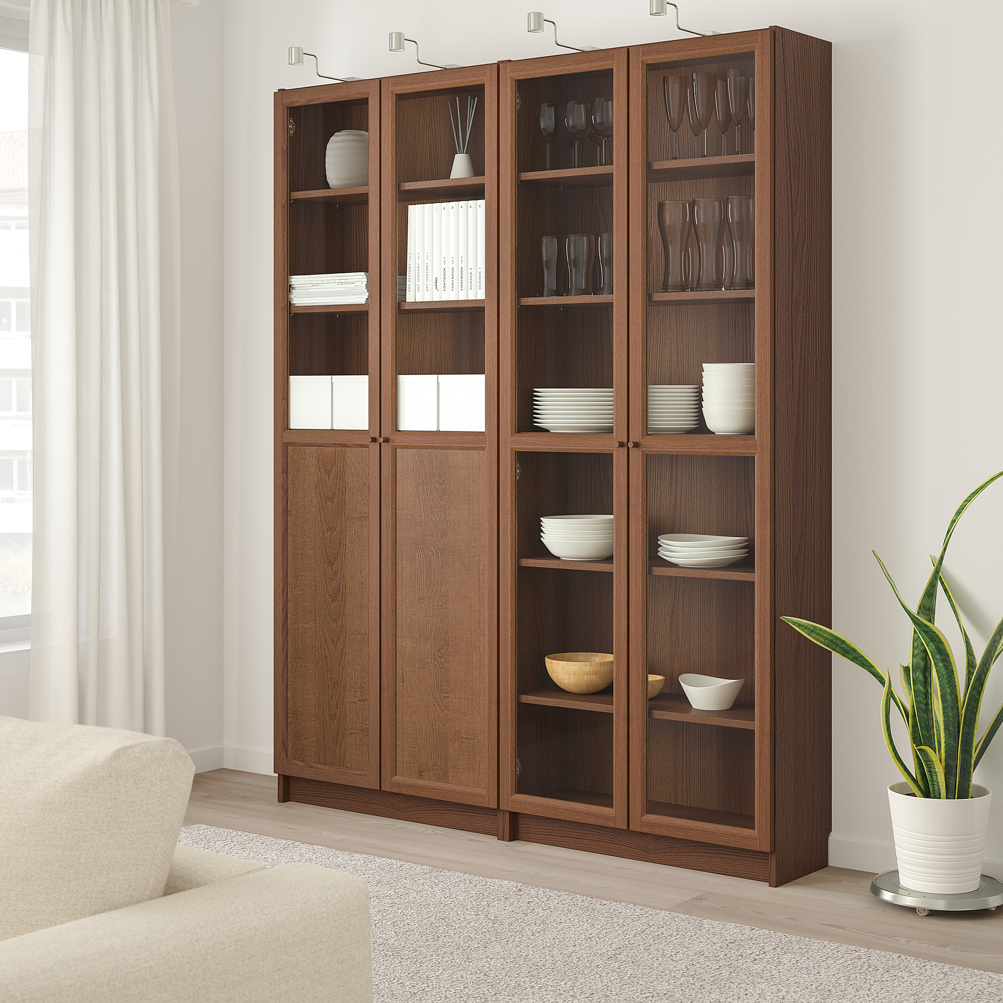 BILLY/OXBERG bookcase with panel/glass doors, brown ash veneer/glass