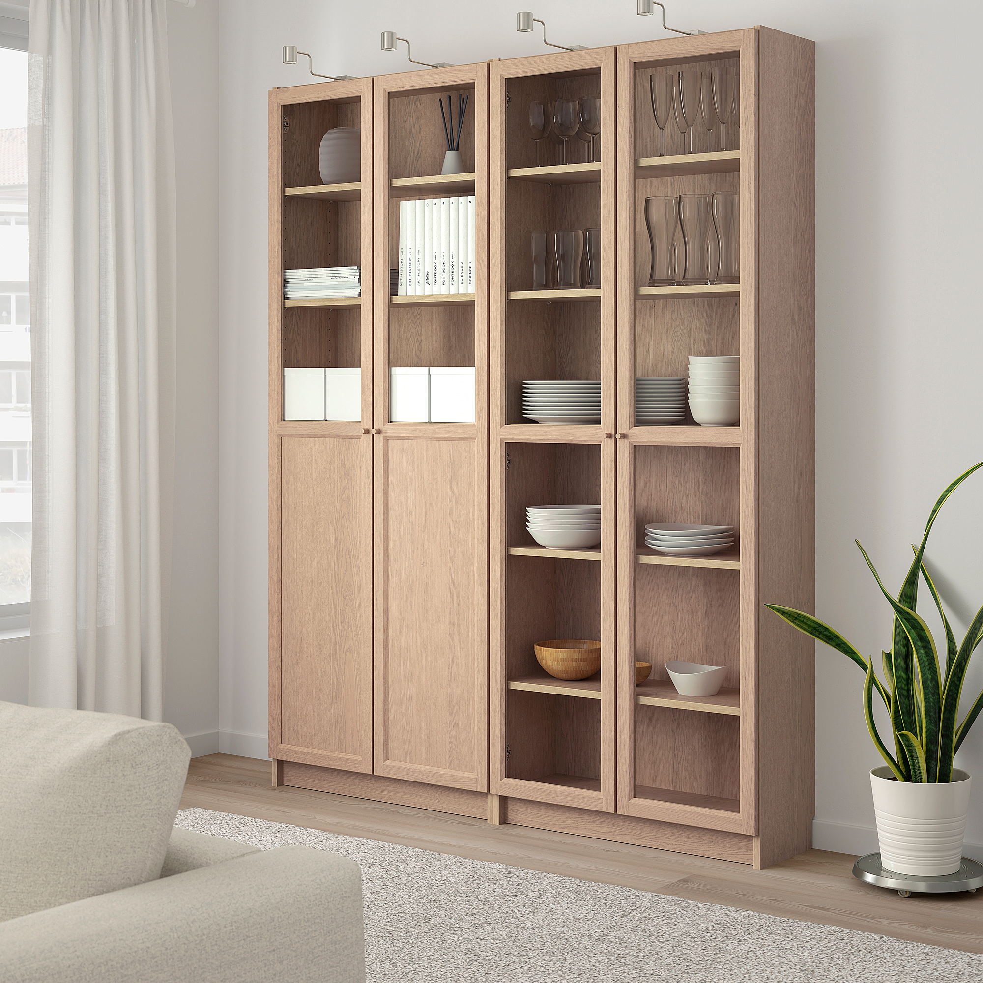 Oxberg Billy Bookcase With Panel Glass Doors White Stained Oak