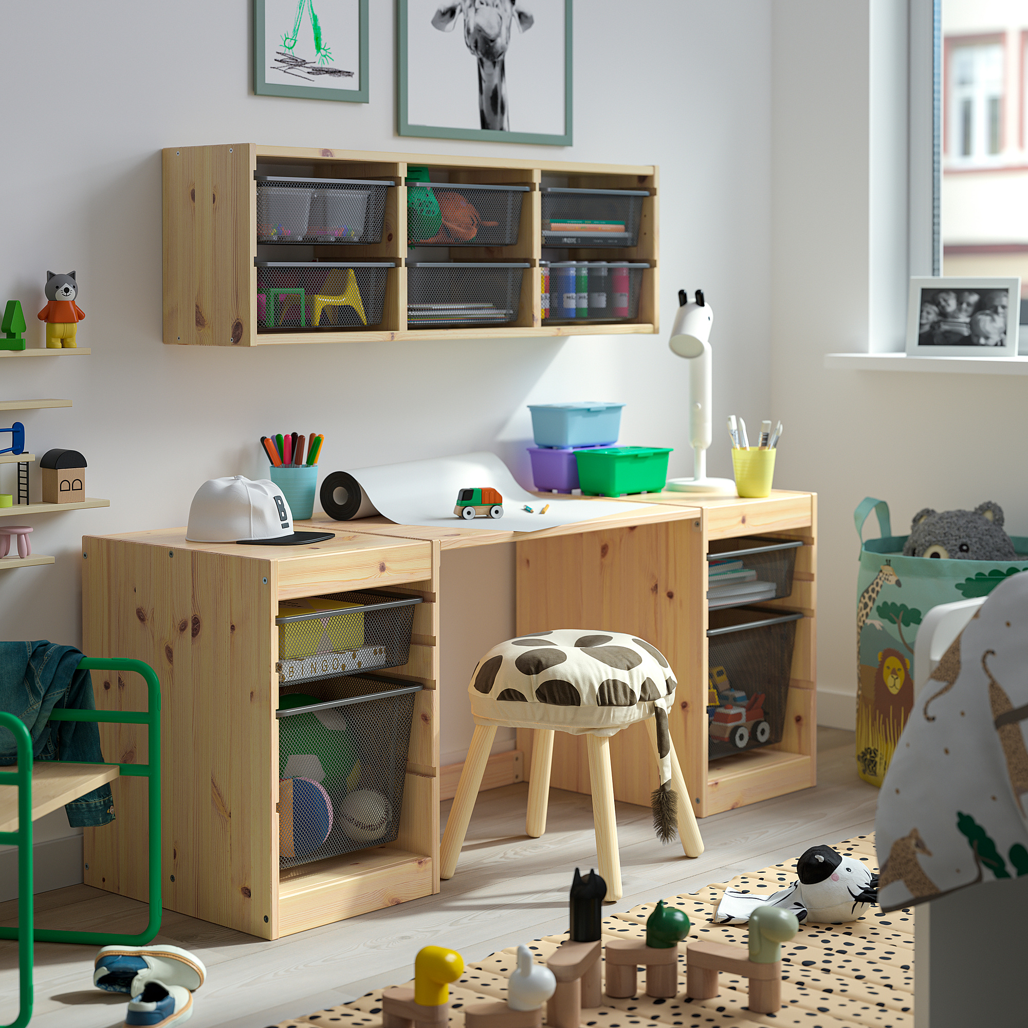 TROFAST desk with mesh storage boxes