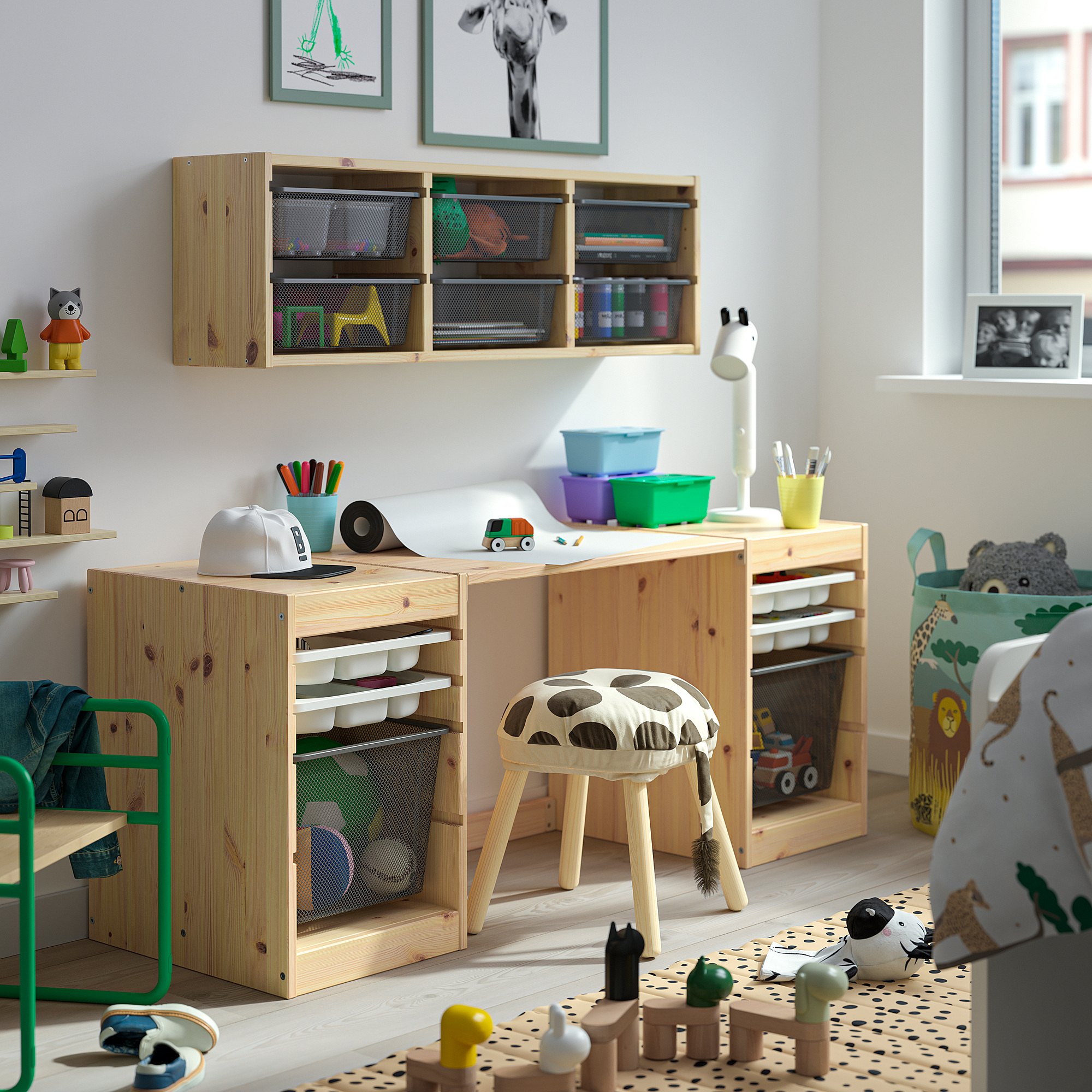 TROFAST desk with mesh storage boxes/trays