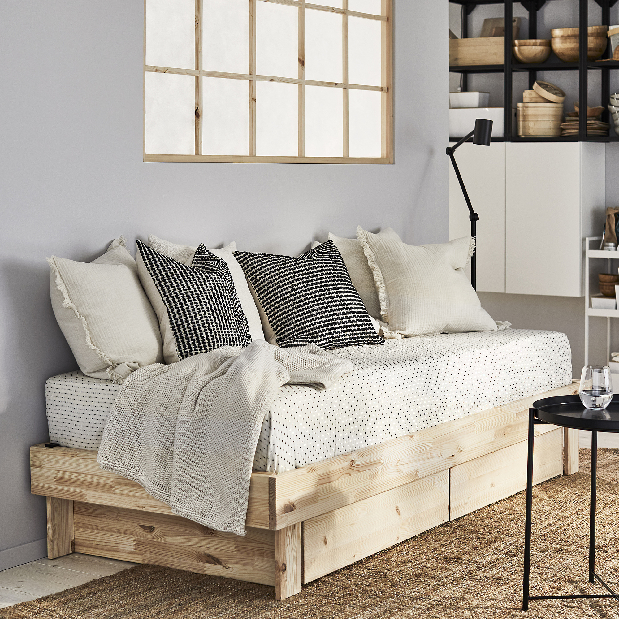 GLAMBERGET extendable bed w stor/2 mattresses