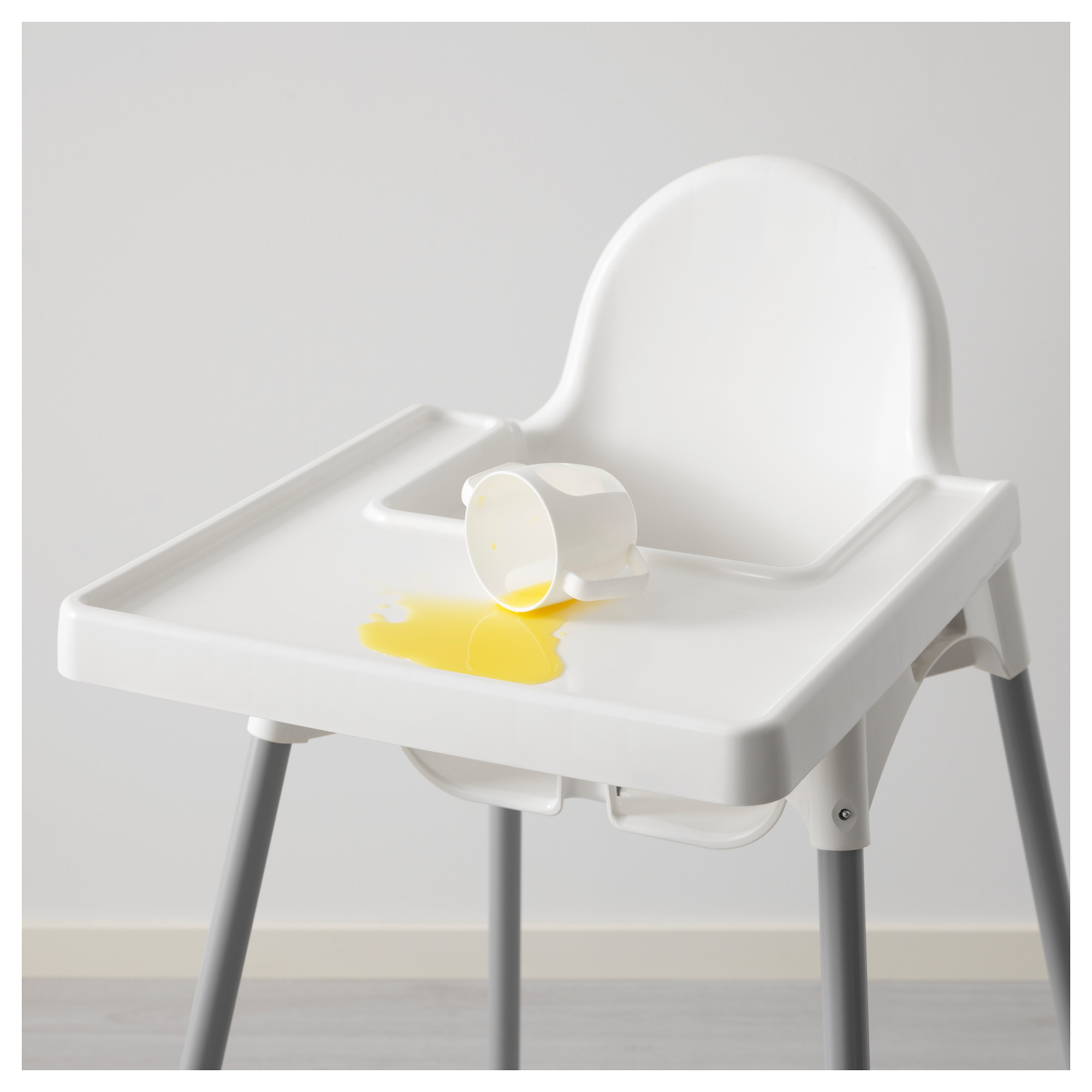 wooden high chair with plastic tray
