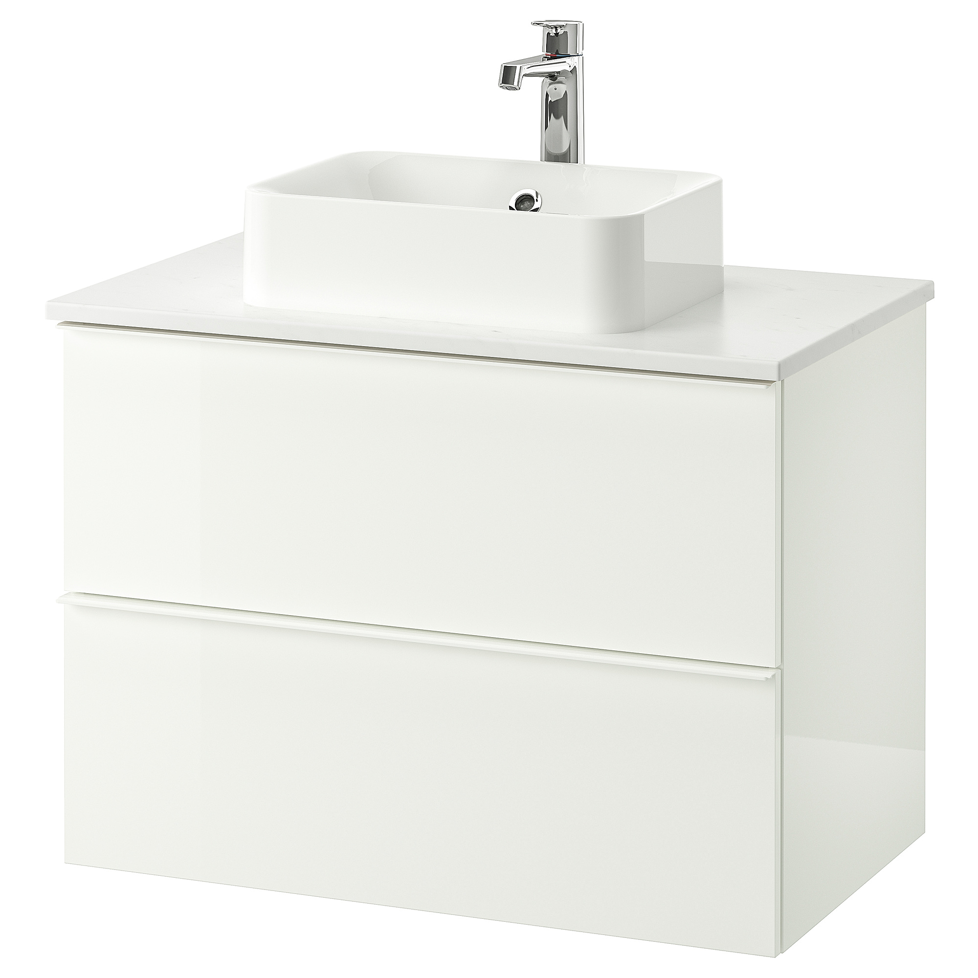 HÖRVIK/GODMORGON/TOLKEN, 洗手盆櫃連櫃台板組合, 光面 白色/雲石 BROGRUND水龍頭, 82x49x72 cm
