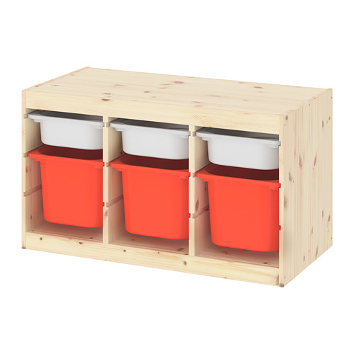 TROFAST 儲物組合連儲物盒, 淺色染白松木 白色/橙色