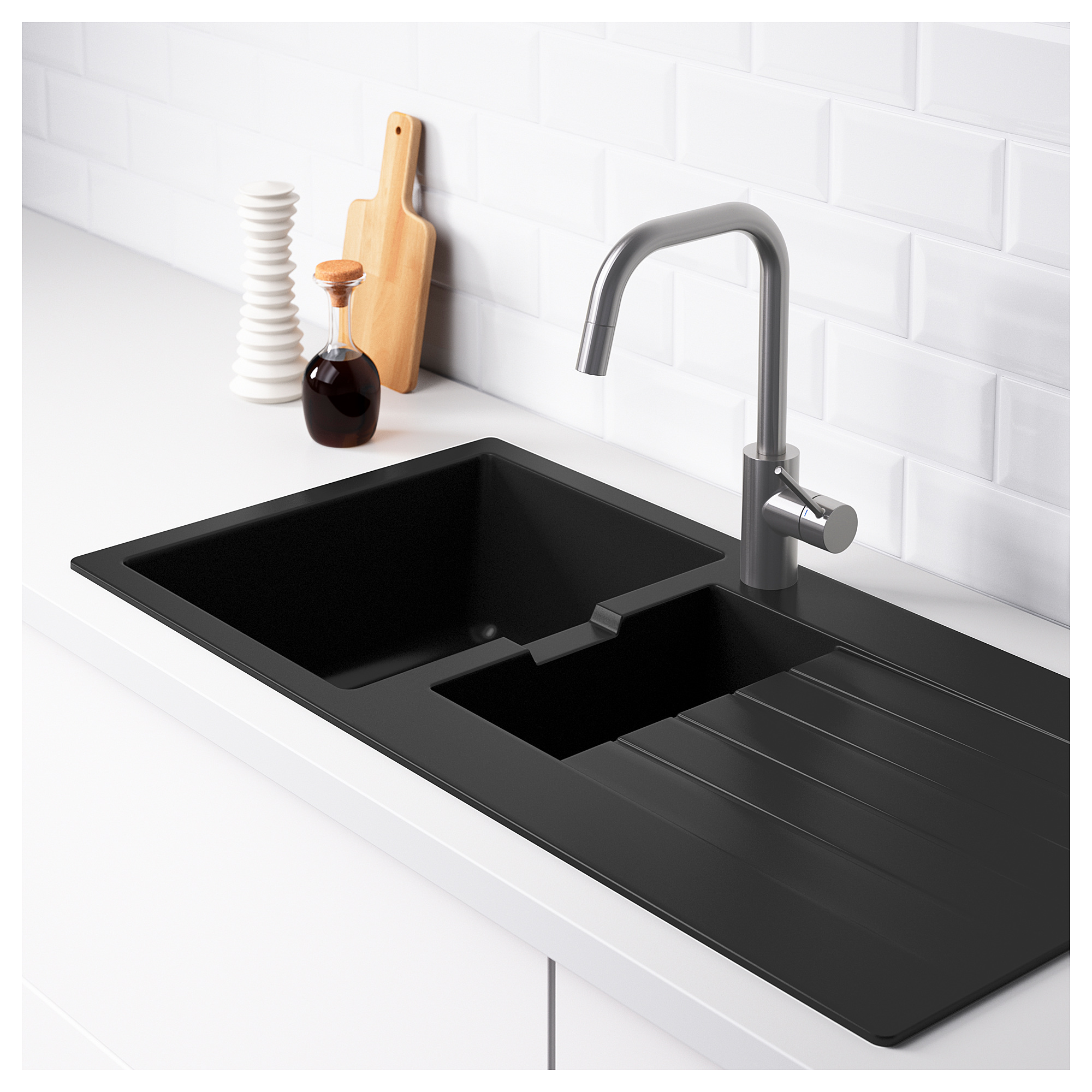 HÄLLVIKEN inset sink, 1 ½ bowl w drainboard, black/quartz composite