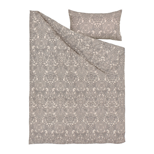JÄTTEVALLMO duvet cover and pillowcase, beige/dark grey, 150x200/50x80 cm