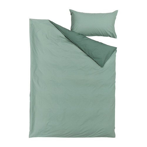 STRANDTALL duvet cover and pillowcase, grey-green/dark green, 150x200/50x80 cm