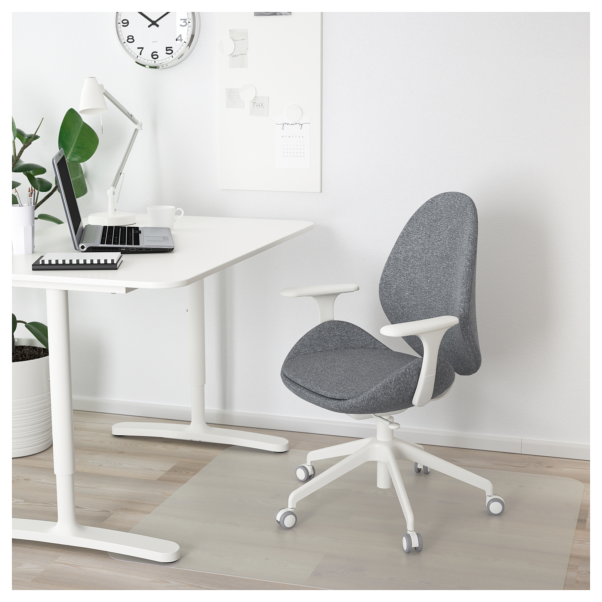 HATTEFJÄLL office chair with armrests, Gunnared medium grey/white
