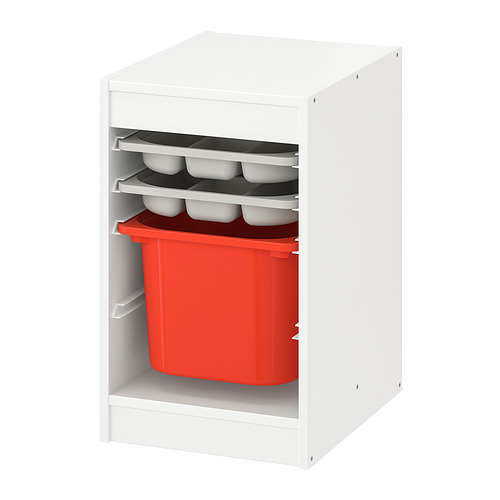 TROFAST storage combination with box/trays, white grey/orange
