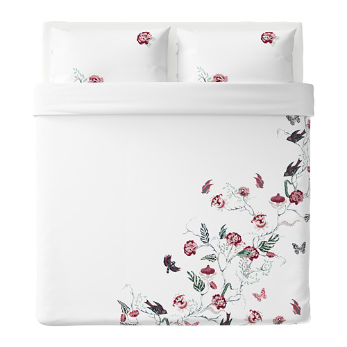 JÄTTELILJA quilt cover and 2 pillowcases, white/floral patterned, 240x220/50x80 cm 