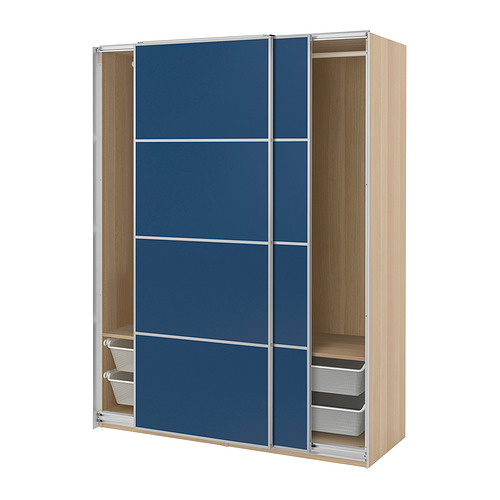 PAX/MEHAMN - wardrobe with sliding doors, white stained oak effect aluminium/walnut effect blue, 150x66x201 cm | IKEA Hong Kong and Macau - E1002558_S4