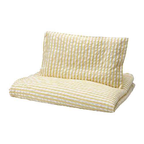 LEN - duvet cover 1 pillowcase for cot, white yellow/stripe pattern seersucker, 110x125/35x55 cm | IKEA Hong Kong and Macau - E1003868_S4