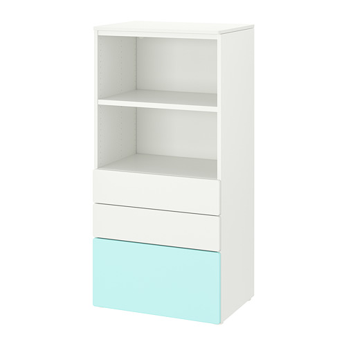 PLATSA/SMÅSTAD bookcase, white pale turquoise/with 3 drawers