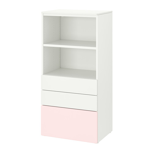 PLATSA/SMÅSTAD bookcase, white pale pink/with 3 drawers