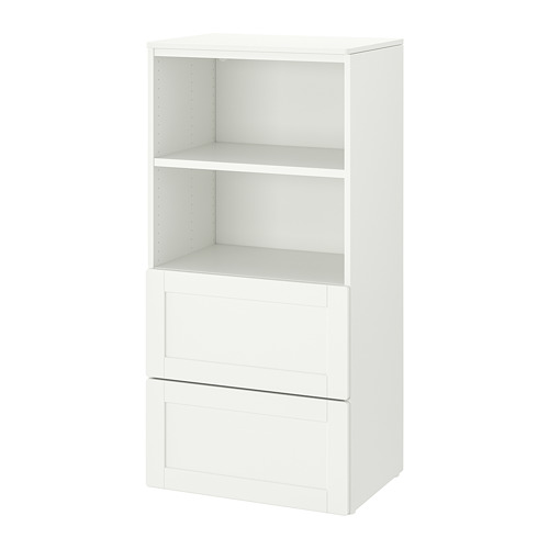 PLATSA/SMÅSTAD bookcase, white with frame/with 2 drawers