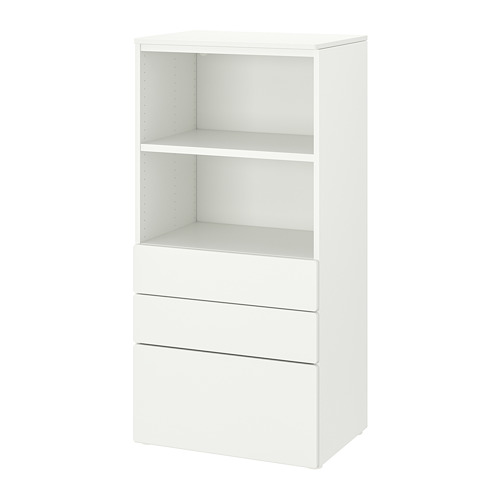 PLATSA/SMÅSTAD bookcase, white white/with 3 drawers