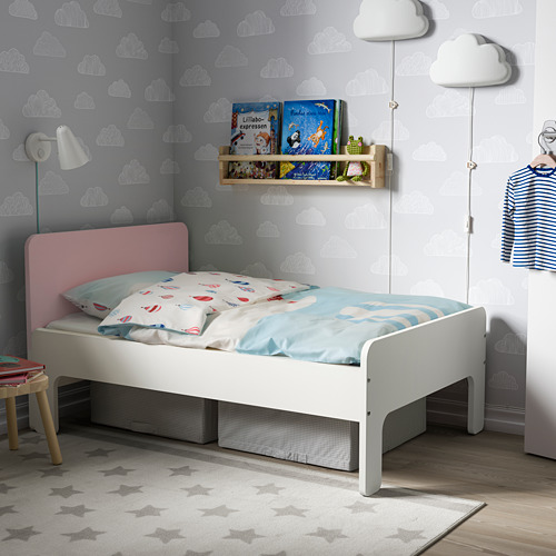 SLÄKT ext bed frame with slatted bed base, white/pale pink IKEA