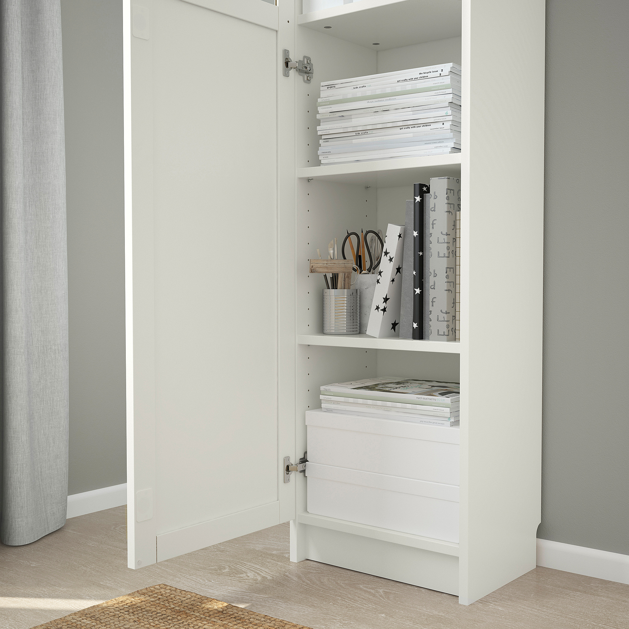 BILLY/OXBERG bookcase w hght ext ut/pnl/glss drs