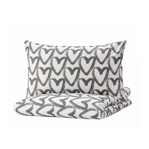 LYKTFIBBLA quilt cover and 2 pillowcases, white/grey, 240x220/50x80 cm