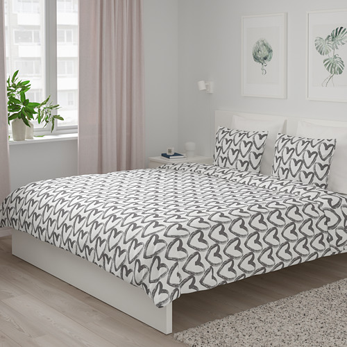 LYKTFIBBLA quilt cover and 2 pillowcases, white/grey, 240x220/50x80 cm