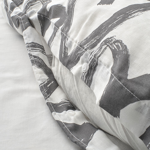 LYKTFIBBLA quilt cover and 2 pillowcases, white/grey, 240x220/50x80 cm