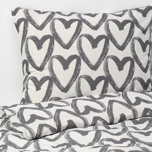 LYKTFIBBLA quilt cover and 2 pillowcases, white/grey, 240x220/50x80 cm