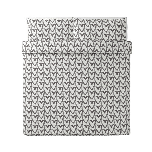 LYKTFIBBLA quilt cover and 2 pillowcases, white/grey, 240x220/50x80 cm