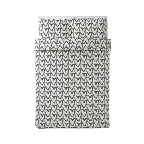 LYKTFIBBLA quilt cover and 2 pillowcases, white/grey, 200x200/50x80 cm