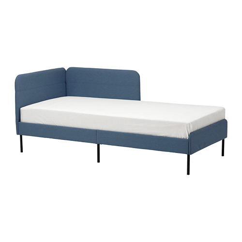 BLÅKULLEN uph bed frame with corner headboard, Knisa medium blue
