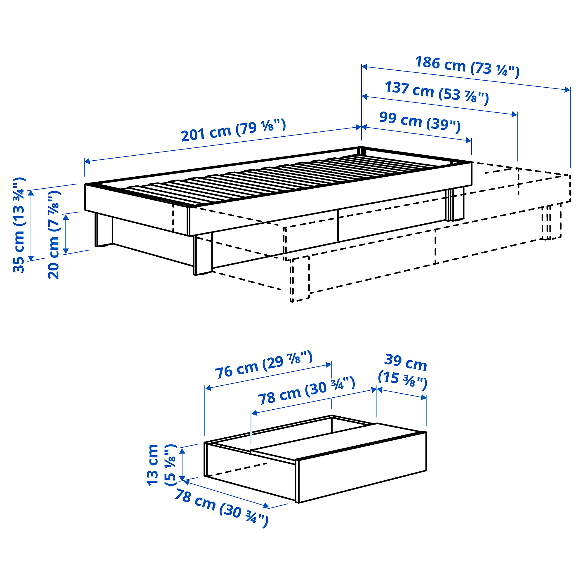 GLAMBERGET extendable bed w stor/2 mattresses