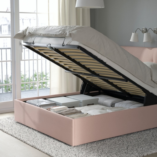 IDANÄS upholstered ottoman bed, Gunnared pale pink, queen