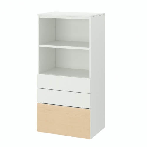 PLATSA/SMÅSTAD bookcase, white birch/with 3 drawers