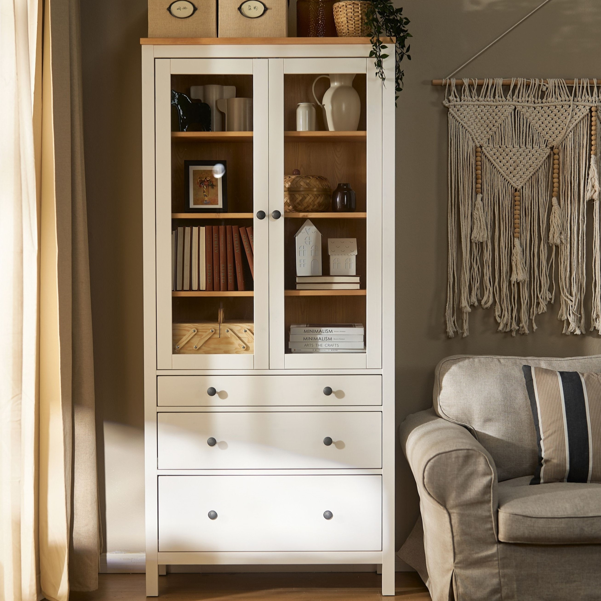 HEMNES glass-door cabinet with 3 drawers