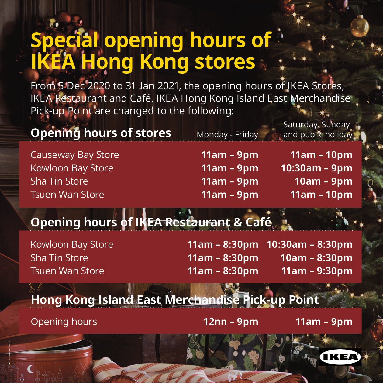 Change of Store Opening Hours IKEA IKEA Hong Kong and Macau