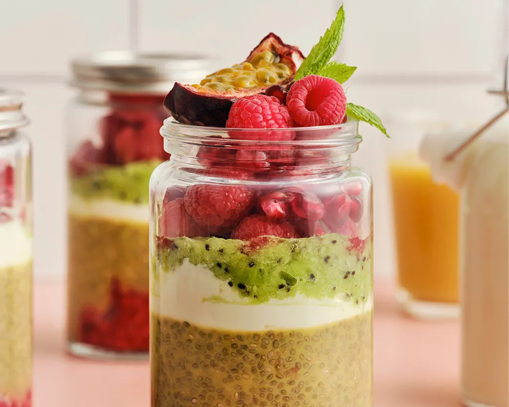 Chia pudding with smoothie and oat drink