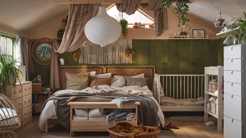 A cosy shared boho bedroom
