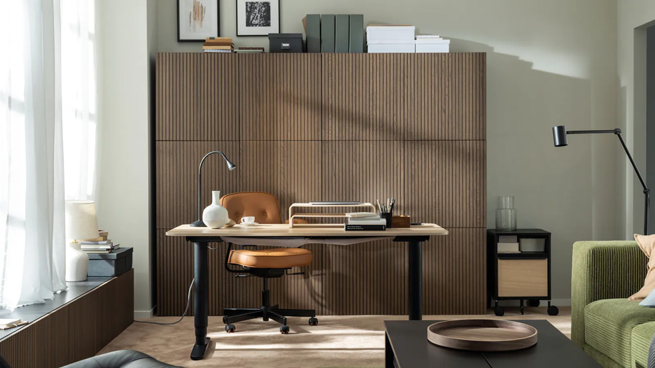 A coordinated, brown-wood dream of a home workspace